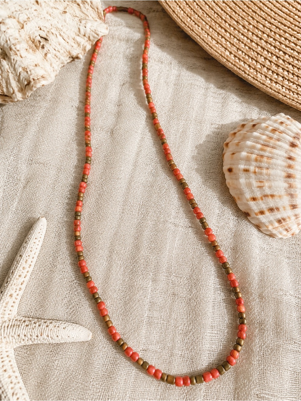 Boho Seed Bead Necklace Long Coral & Olive Layering handmade Jewelry festival